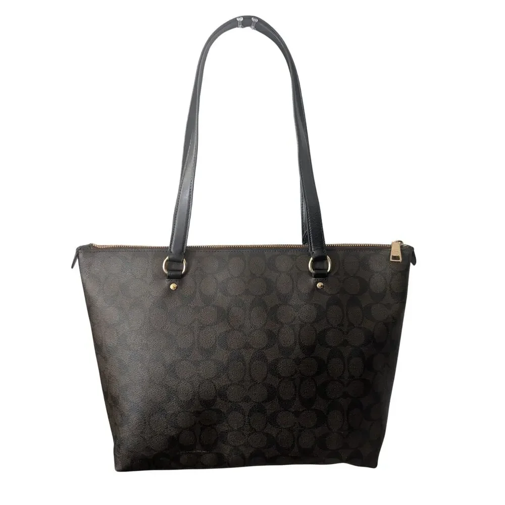 Coach Brown Signature Canvas Tote with Black Handles and Gold Hardware